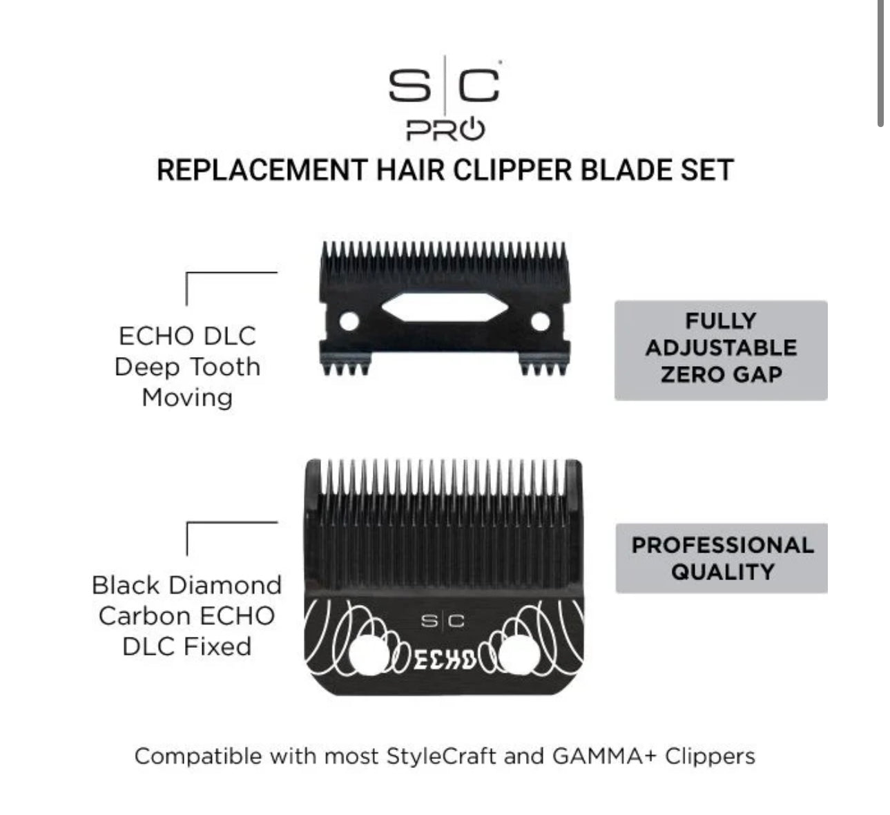 Replacement Echo Fixed DLC Hair Clipper Blade + Deep Tooth Cutter Set