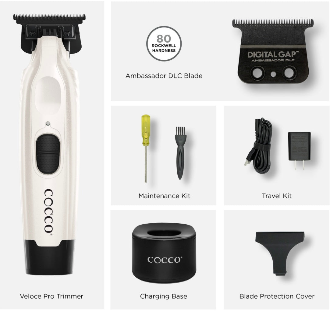 Cocco Veloce Pro Cordless Trimmer w/ Digital Gap Ambassador DLC Blade + Black Charging Stand