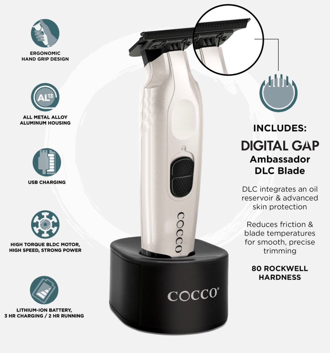 Cocco Veloce Pro Cordless Trimmer w/ Digital Gap Ambassador DLC Blade + Black Charging Stand
