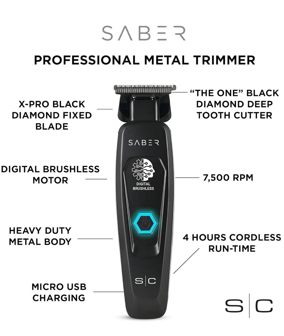 StyleCraft Saber Cordless Digital Brushless Motor Metal Trimmer - Black